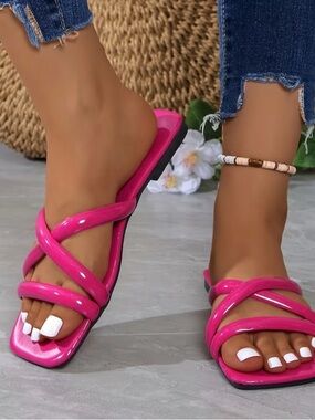 Hot Pink Strappy Square-Toe Sandals